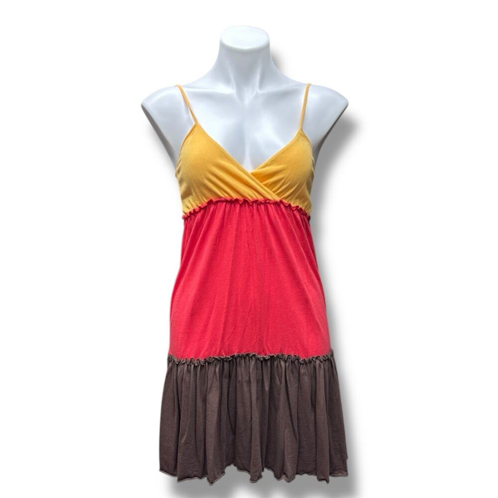 Energie Babydoll Mini Dress Sz S Color Block Tiered V Neck Jersey Y2K Boho Soft